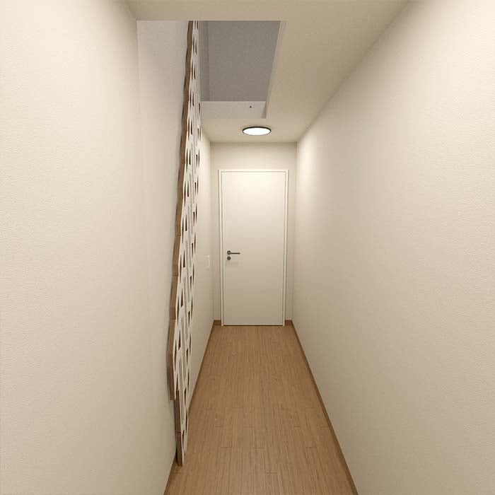 Platzsparende Treppe in einem Flur mit Holzboden
